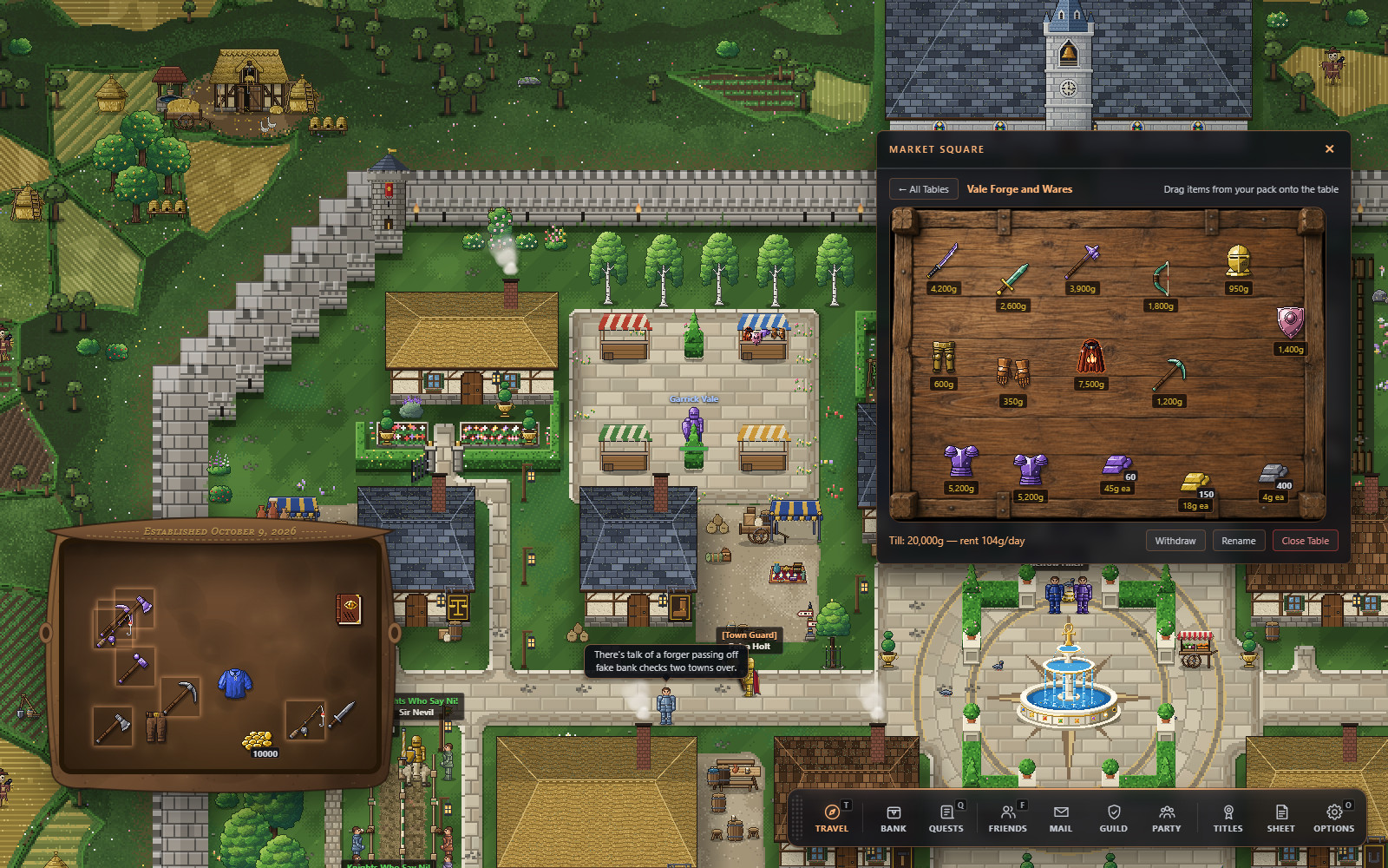 A player-run market table in the town square, priced and open for business