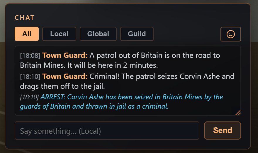 Chat showing the Town Guard seizing a criminal and the Herald announcing the arrest to the shard