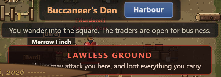 The banner shown on arriving in Buccaneer's Den: Lawless Ground