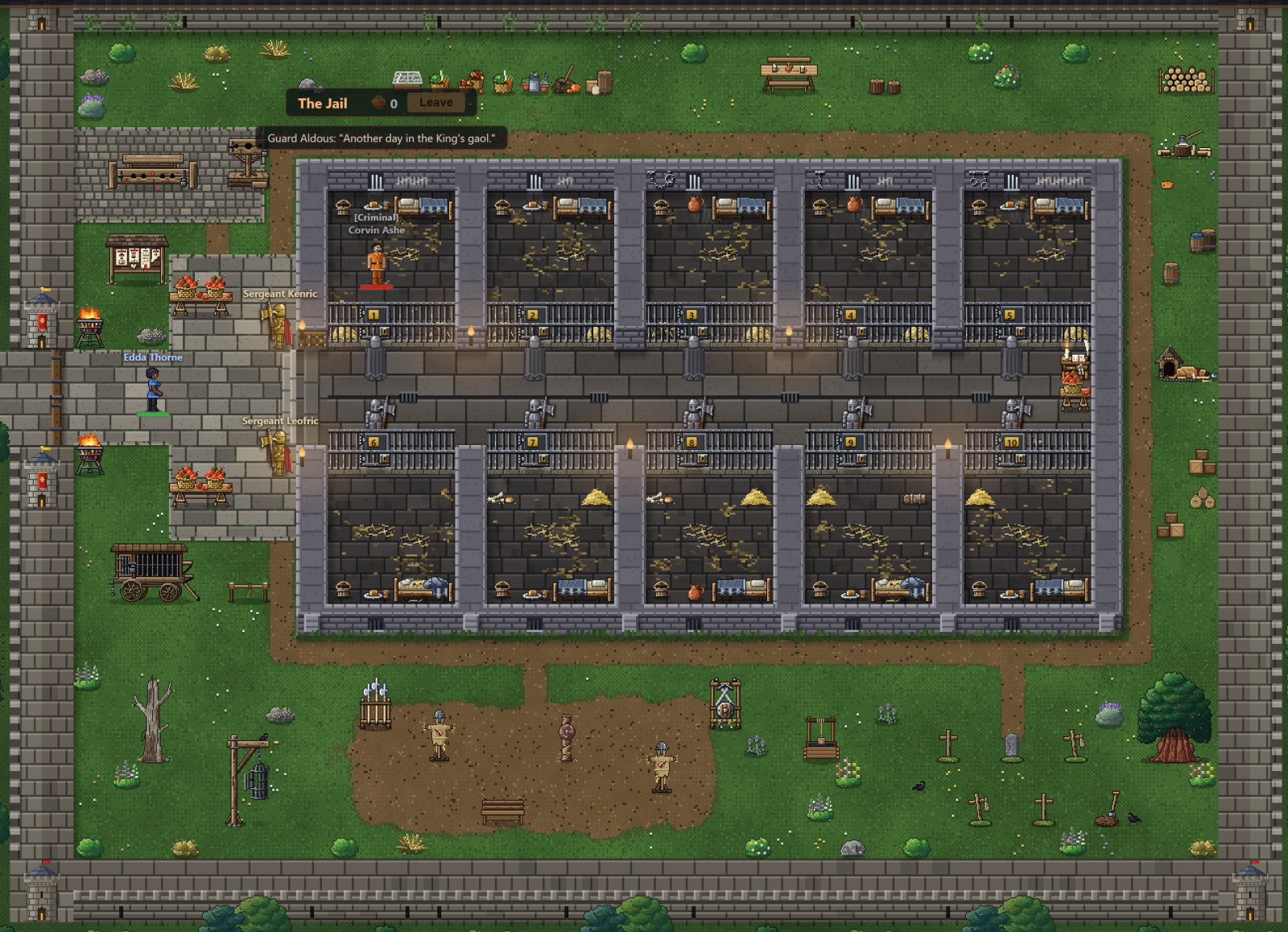 The whole jail seen from above: a stone gaol with five cells either side of a corridor, a guard at every door, tomato tables by the entrance, and a prisoner in orange in cell 1