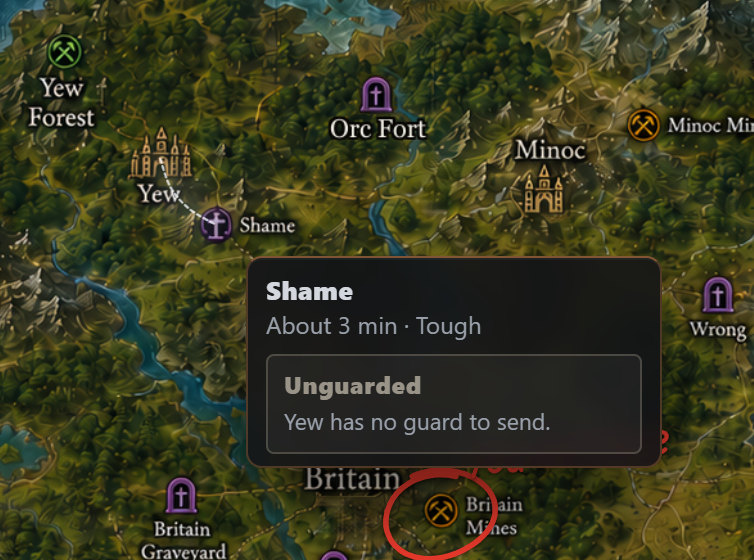 Shame hovered: Unguarded, Yew has no guard to send, with a pale dashed line running back to Yew