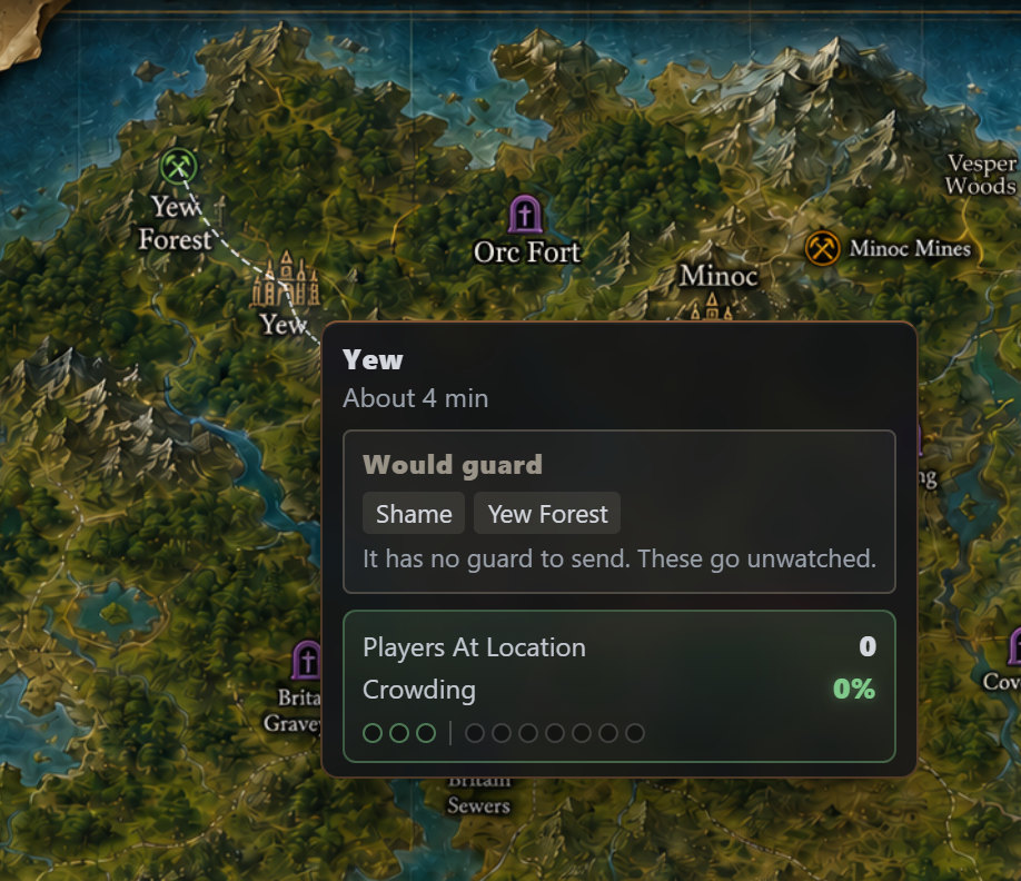 Yew hovered at the Quiet rung: pale dashed lines run to Yew Forest and Shame, and a tooltip reads Would guard Shame and Yew Forest, it has no guard to send